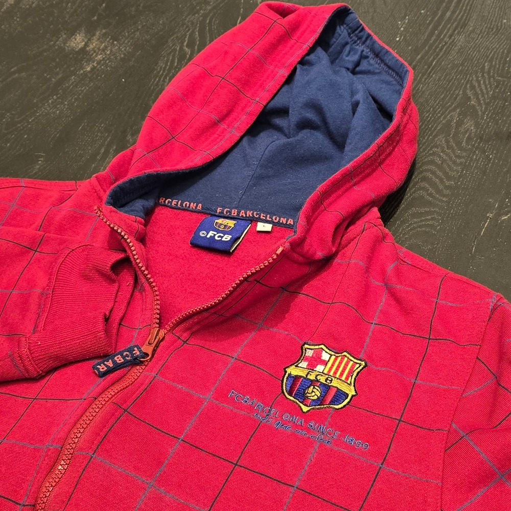 FC Barcelona FCB Red Windowpane Full Zip Hoodie Sweatshirt Mens Large Rogers